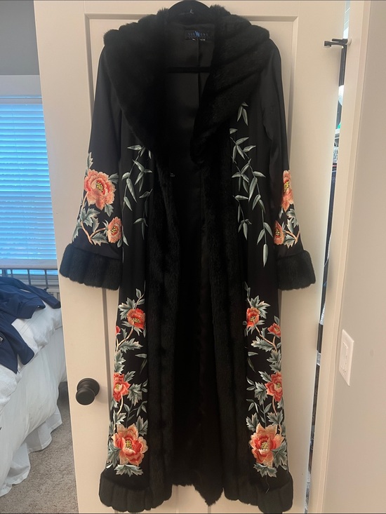 Sue Wong Jackets & Blazers - Sue Wong Black Trench Coat with Red & Green Floral Embroidery